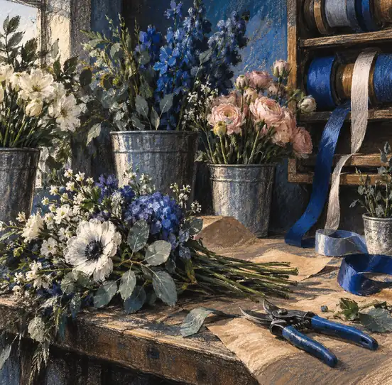 Illustration of floral businesses equipment and workspace